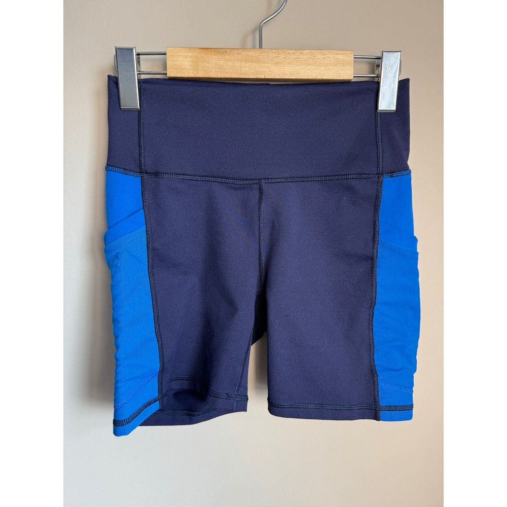 Fabletics PowerHold High Waisted Colorblock Biker Shorts Navy Blue Small Pockets